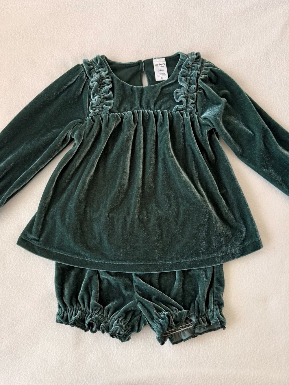 Carter's Dark Green Velvet Ruffle Top & Shorts Set